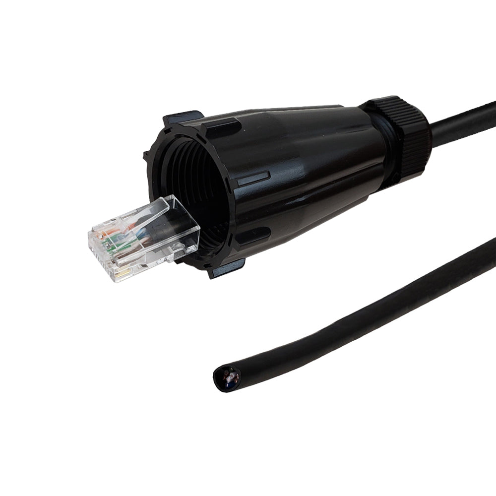 RJ45 Male with IP68 Shroud to Blunt CAT6A Solid UTP Outdoor UV / Direct Burial Pigtail Cable (568x) - Black