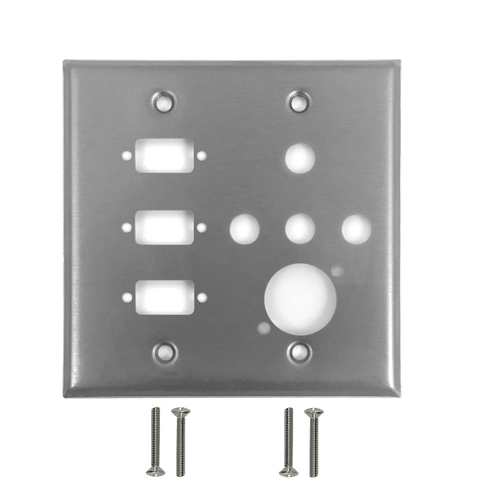 Double Gang - 3x ICDB Cutout - 4x 3/8 inch Hole - 1x D-Cut - Stainless Steel Wall Plate