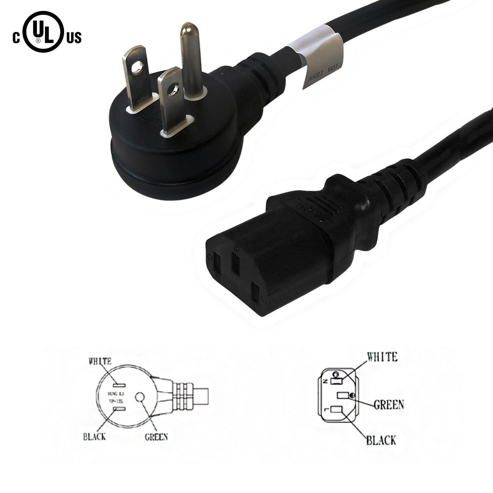 NEMA 5-15P Down Angle to IEC C13 Power Cable - SJT Jacket - 18AWG (10A 125V)