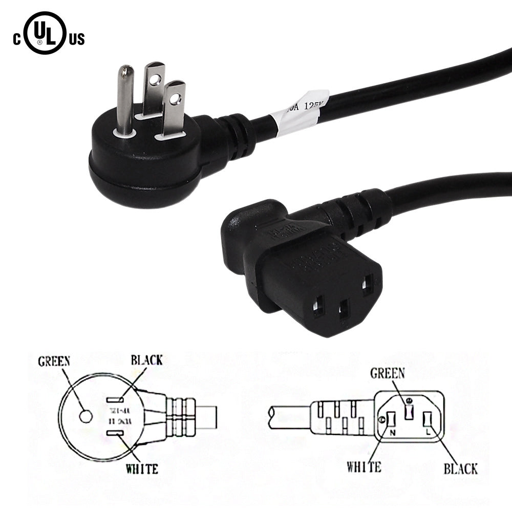 NEMA 5-15P Up Angle to IEC C13 Right Angle Power Cable - SJT Jacket