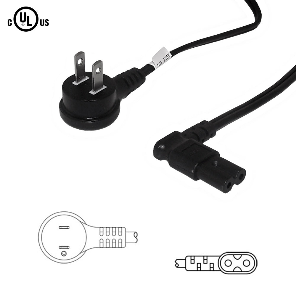 NEMA 1-15P Down Angle to IEC C7 Non-Polarized Right Angle Power Cable - 18AWG - SPT-2