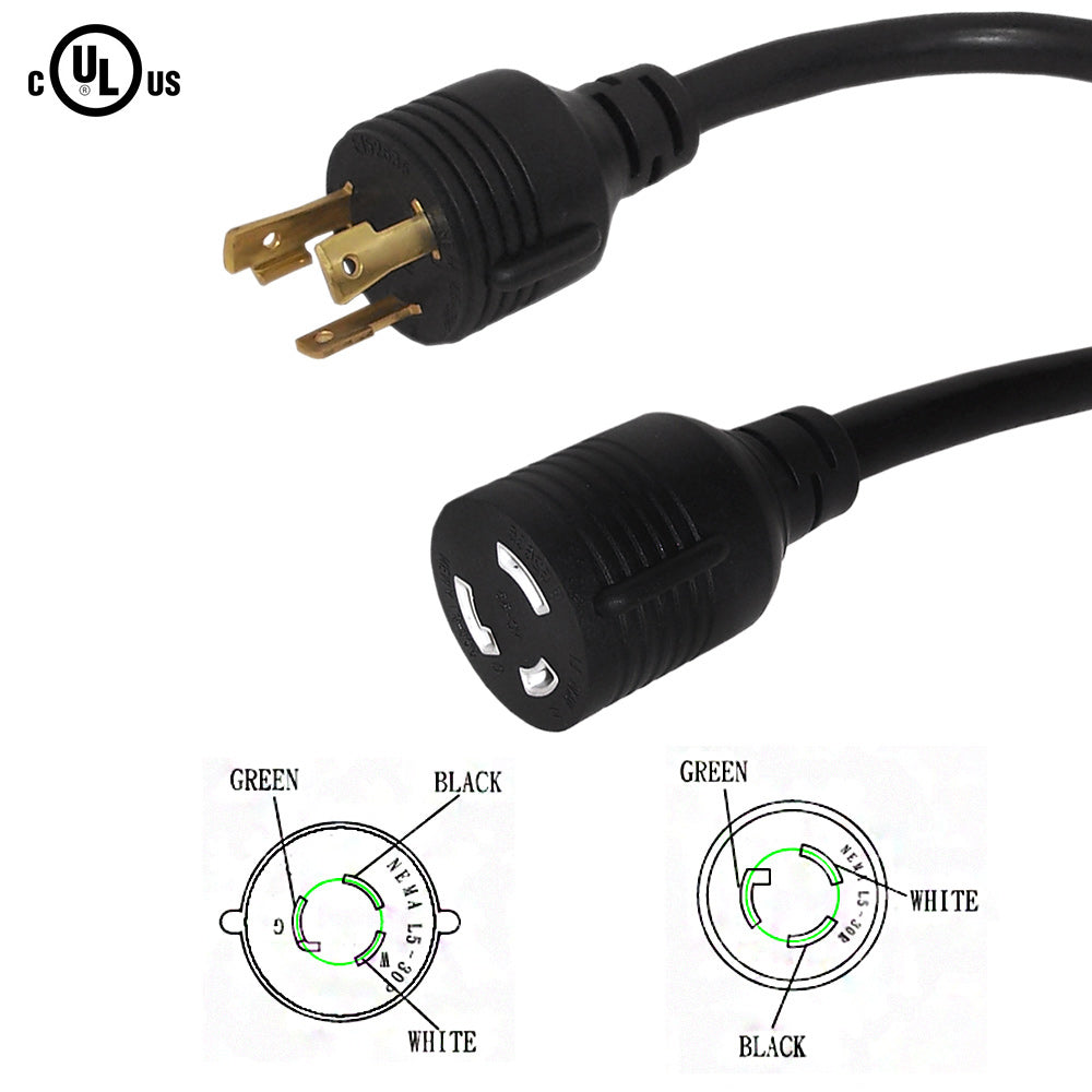 15ft NEMA L5-30P to NEMA L5-30R Power Cable - 10AWG - SJT Jacket