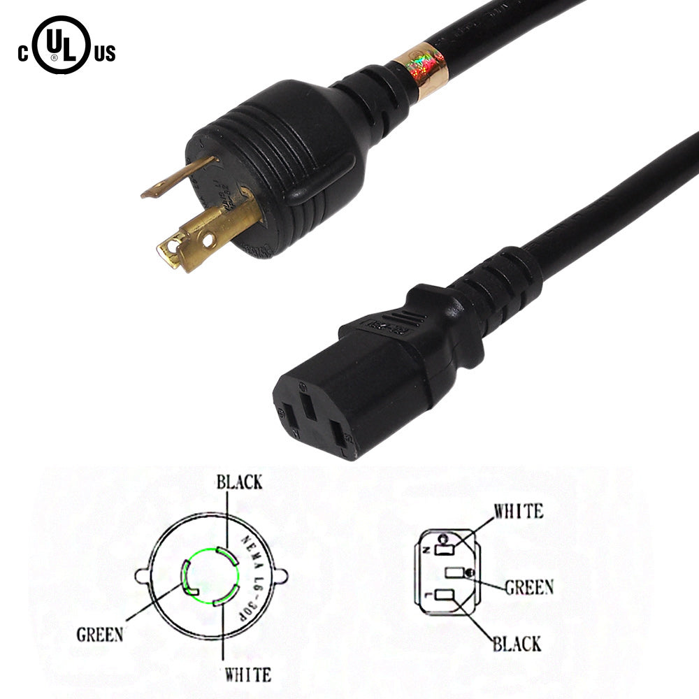 NEMA L6-30P to IEC C13 Power Cable - 14AWG - SJT Jacket