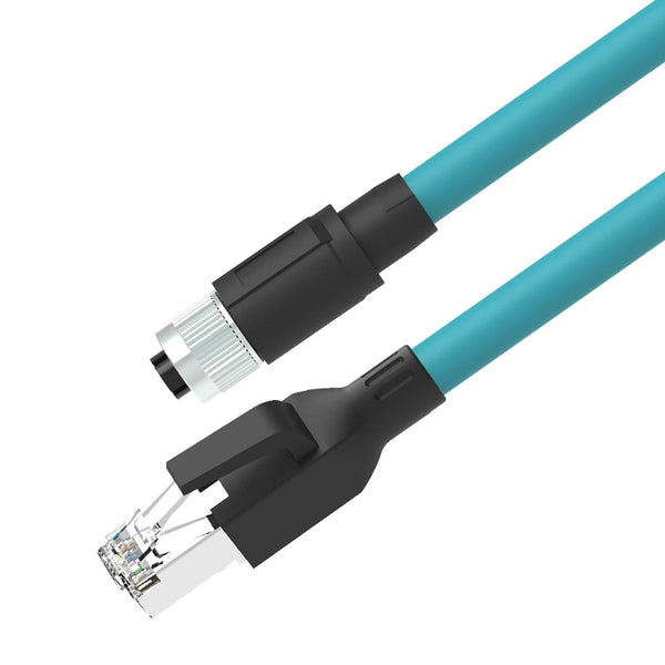 M12 8-pin X-Code Female to RJ45 Male CAT6A SF/UTP PUR Jacket Drag Chain Cable - TEAL