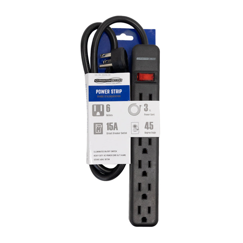 6 Outlet Power Strip - 45 Degree Angle 5-15P Plug - Black