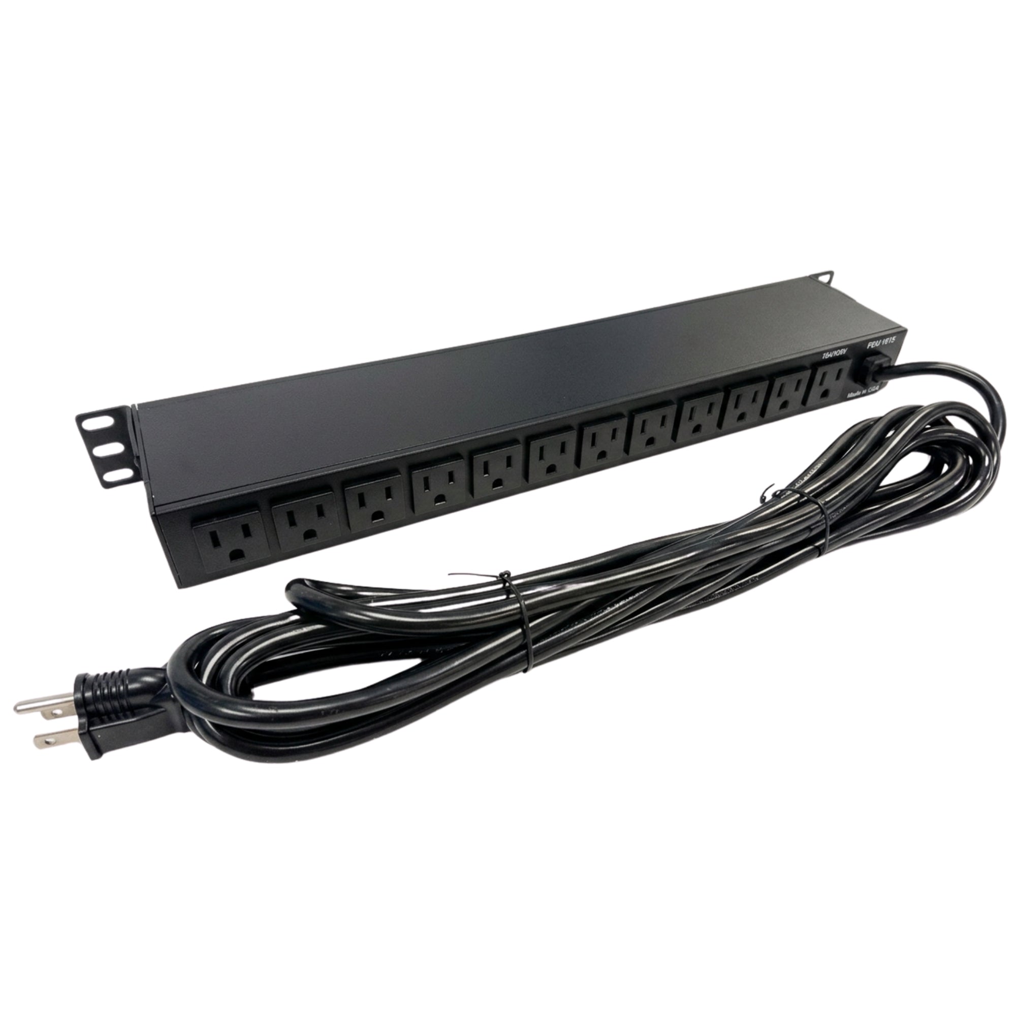 19 Inch Horizontal Rack Mount PDU 12x5-15R Rear 2x5-15R Front With Load Reset & 15ft Cord