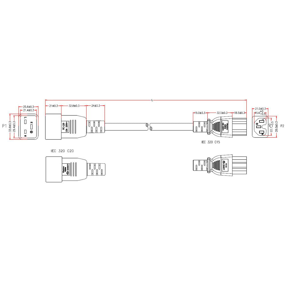 IEC C20 to IEC C15 Power Cable - SJT Jacket
