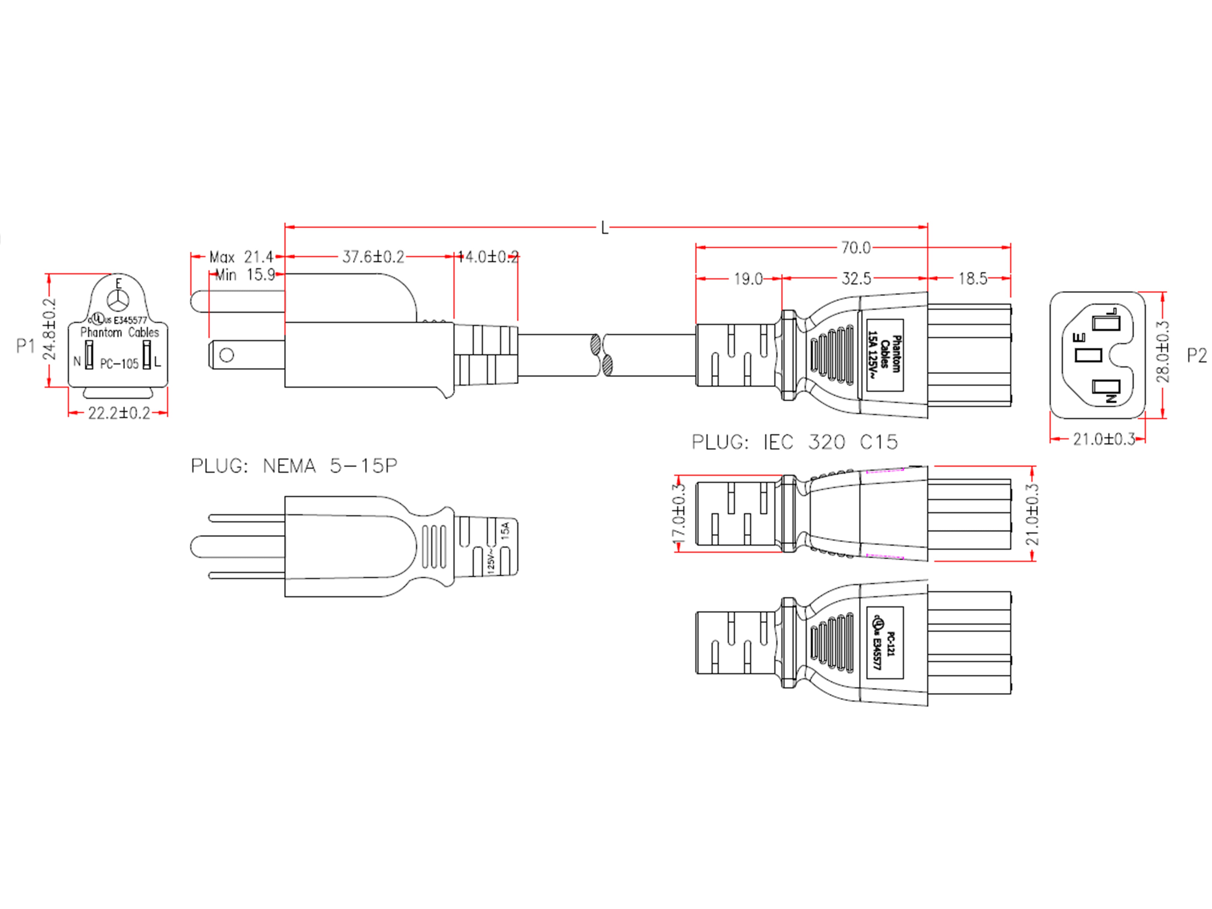 NEMA 5-15R to IEC C14 Power Cable - SJT Jacket