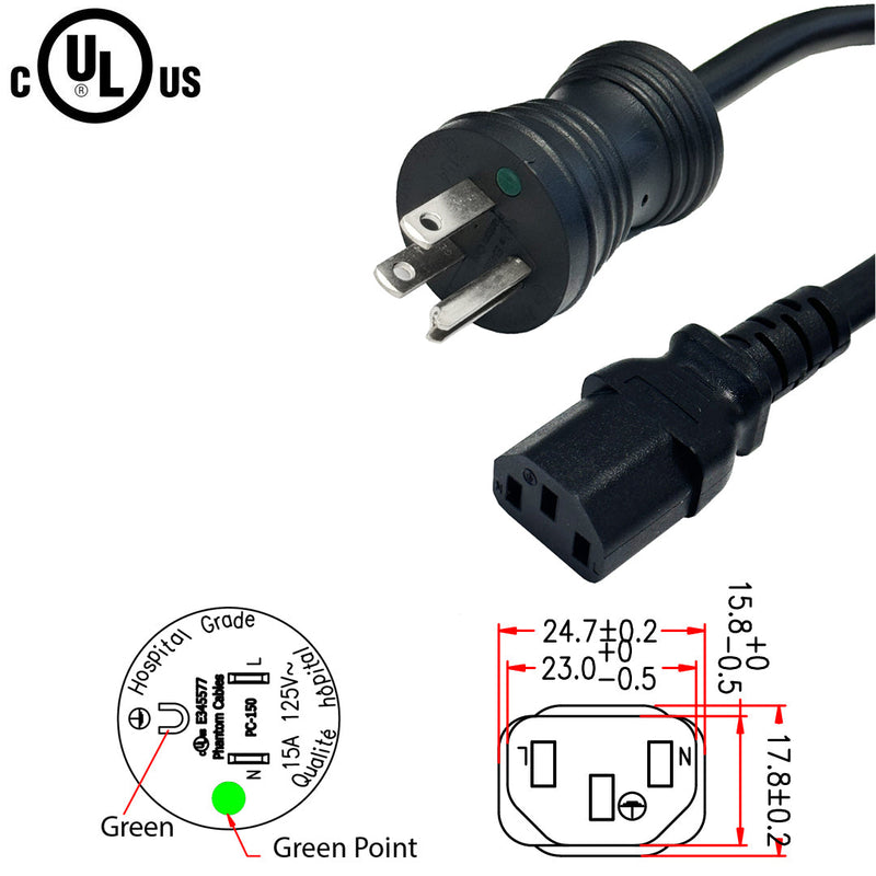 Hospital Grade 5-15P to C13Power Cable - 14AWG - SJT (15A/125V)