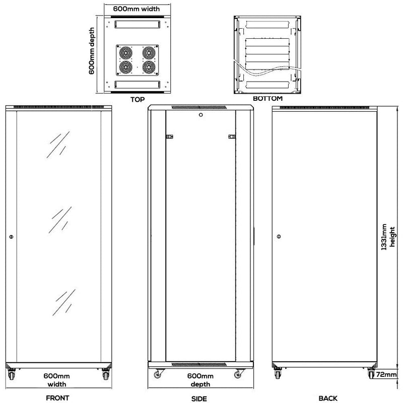 27U A/V and Networking Cabinet - Pre-Loaded with Fan Top, 5 Shelves & Blank Panels - Tapped Rails - Black