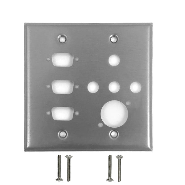 Double Gang - 3x DB9 Cutout  - 4x 3/8 inch Hole - 1x XLR - Stainless Steel Wall Plate