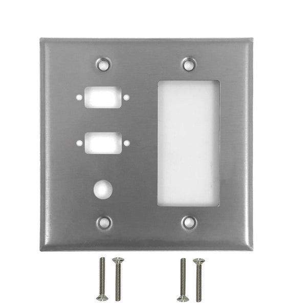 Double Gang - 2x ICDB Cutout  - 1x 3/8 inch Hole - 1x Decora - Stainless Steel Wall Plate