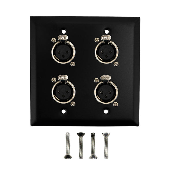 Double Gang 4 x XLR Locking Female Stainless Steel Wall Plate Kit - BLACK