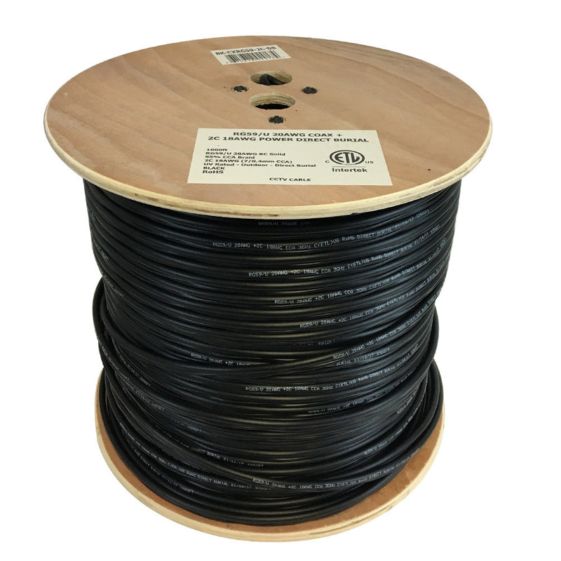 1000ft RG59 20AWG BC 95% CCA Braid + 2C 18AWG Cca, Direct Burial Pe - Black