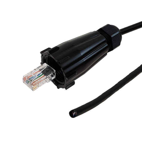 RJ45 Male with IP68 Shroud to Blunt Cat5e Solid UTP Gel Filled Outdoor UV / Direct Burial Pigtail Cable 568x - Black
