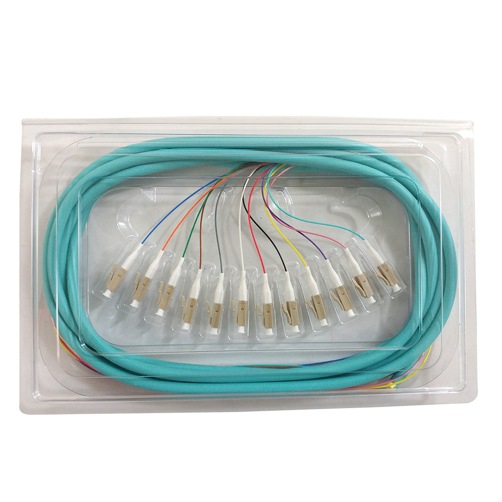 3m LC/PC 12-Fiber OM4 Multimode Simplex 50 micron - 900um Jacketed Pigtail - 19inch Fan-Out - OFNR