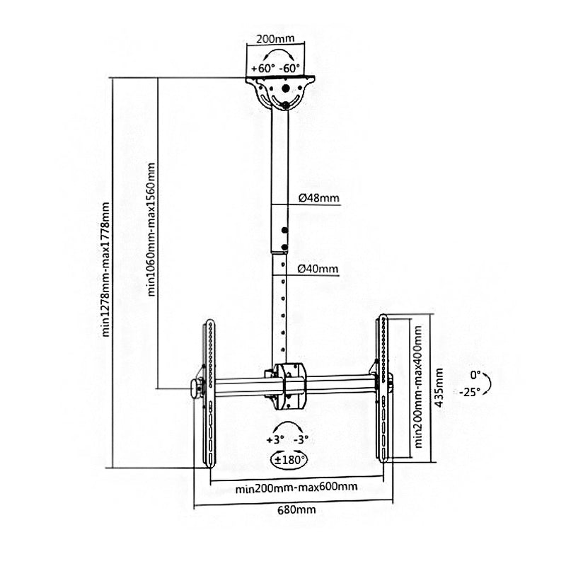 Telescopic Swivel & Tilt Ceiling Mount Bracket for Flat LCD/LEDs Fits Sizes 37-70 inches - Maximum VESA 600x400