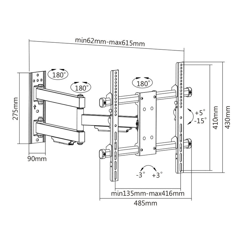 Full Motion Mount TV Wall Mount Bracket for Flat and Curved LCD/LEDs - Fits Sizes 32 to 55 inches - Maximum VESA 400x400