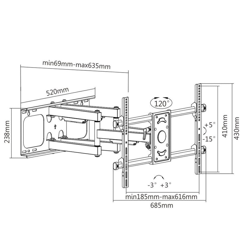 Full Motion Mount TV Wall Mount Bracket for Flat and Curved LCD/LEDs - Fits Sizes 37 to 90 inches - Maximum VESA 600x400