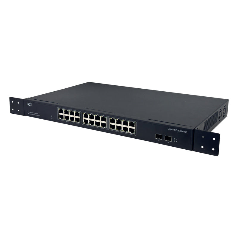 24-Port Gigabit 375W PoE+ Switch + 2-Port SFP Uplink - Desktop/Rack Mount - Unmanaged - 1U - IEEE 802.3at/af
