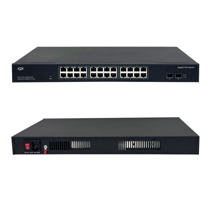 24-Port Gigabit 375W PoE+ Switch + 2-Port SFP Uplink - Desktop/Rack Mount - Unmanaged - 1U - IEEE 802.3at/af