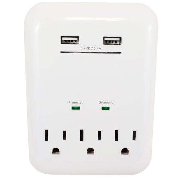 3 Outlet Power Tap 950J Surge protection, 2 Fast Charge USB Port - White