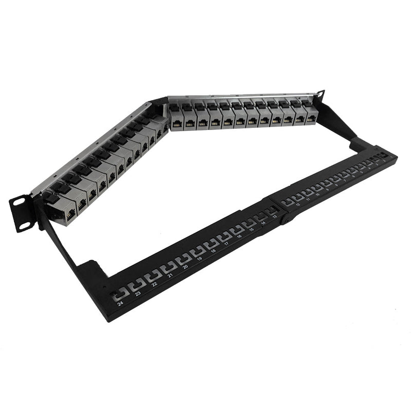 24-Port Angled CAT6 Shielded Patch Panel, 19" Rackmount 1U - Pass-Thro