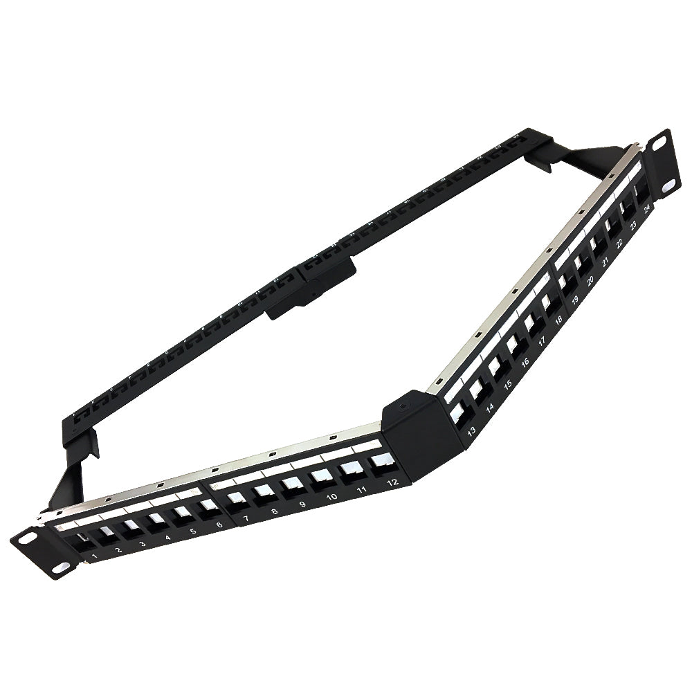 24-port Shielded Angled Keystone Patch Panel - 19 inch Rackmount 1U with Cable Manager - Unloaded