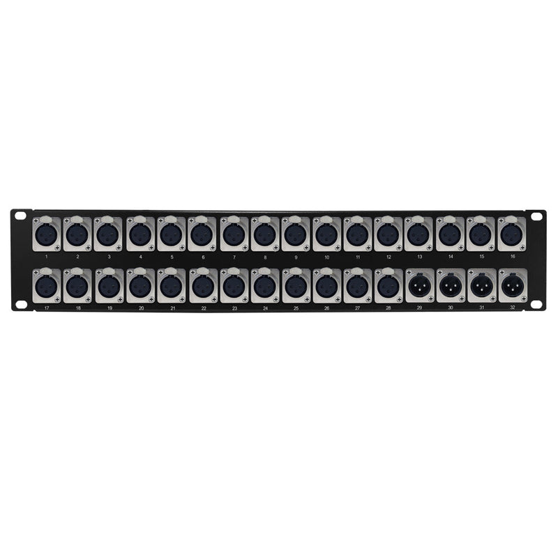 28-Port Female + 4-port XLR Male patch panel, 19 inch rackmount 2U