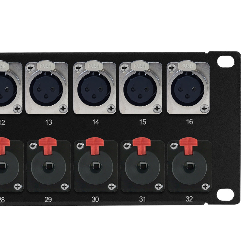 24-Port XLR Female + 8-Port TRS Female patch panel, 19 inch rackmount 2U