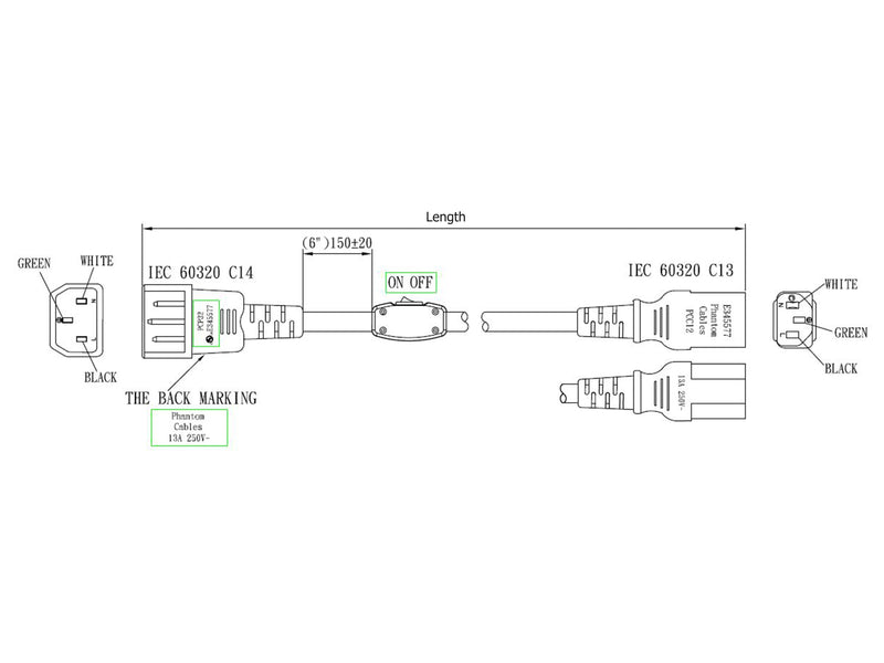 IEC C13 to IEC C14 Power Cable with Inline ON/OFF Switch - SJT Jacket