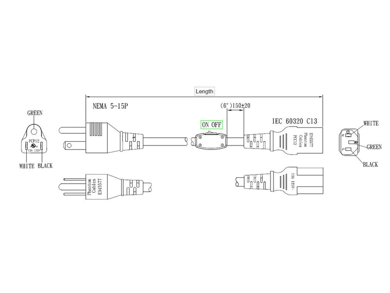 NEMA 5-15P to IEC C13 Power Cable with ON/OFF Switch - 16AWG - SJT Jacket