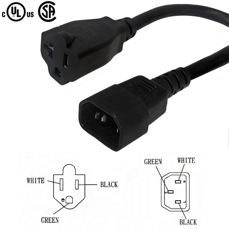 NEMA 5-15/20R to IEC C14 Power Cable - SJT