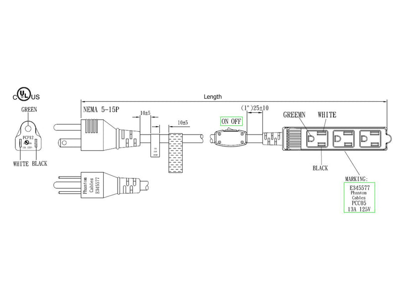 5-15P to 5-15R Triple Tap Power Cable with ON/OFF Switch - SJT Jacket