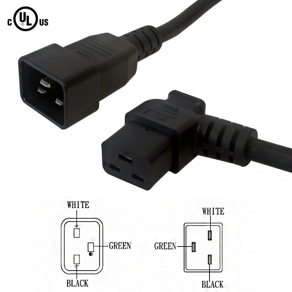 12ft IEC C19 Left Angle to IEC C20 Power Cable - SJT Jacket - 12AWG (20A 250V)
