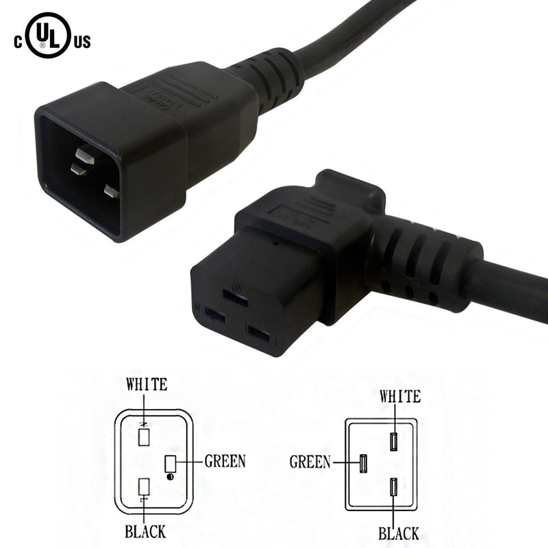 12ft C19 Left Angle to IEC C20 Power Cable SJT - 12AWG 20A 250V