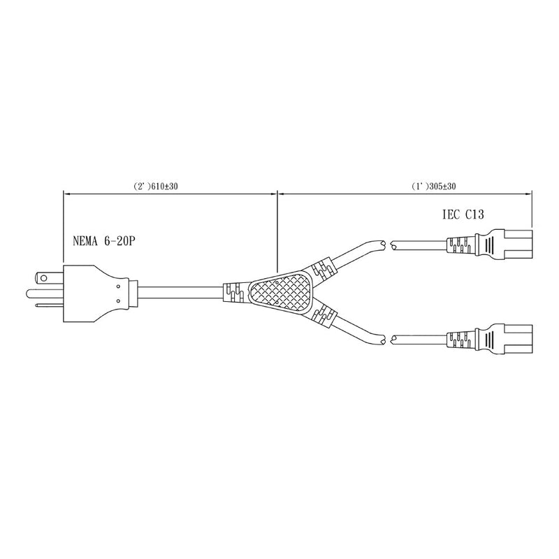 3ft NEMA 6-20P to 2x IEC C13 Power Splitter Cable - 14AWG (15A 250V) - SJT