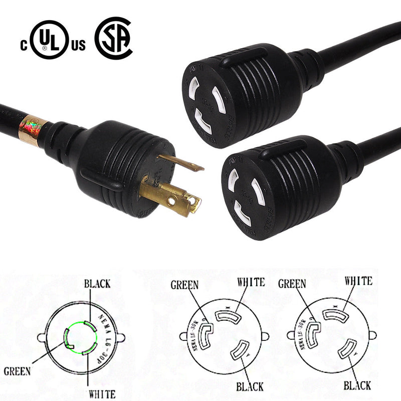 L6-30P to 2x NEMA L6-30R Splitter - SJT