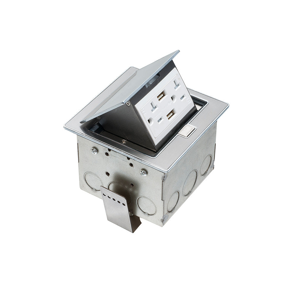 Countertop Pop-up Power Receptacle Box (20A 125V) + 2x USB  - Stainless Steel
