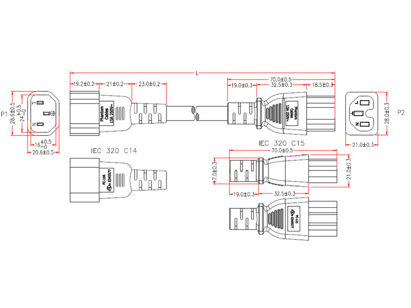 C14 to IEC C15 Power Cable - SJT