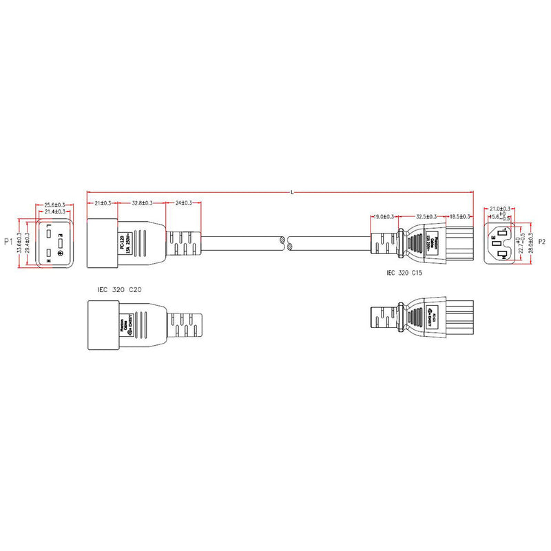 IEC C20 to IEC C15 Power Cable - SJT Jacket