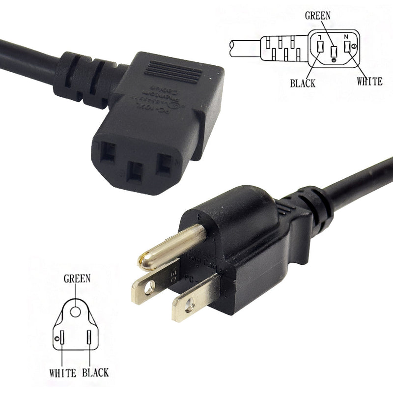 NEMA 5-15P to IEC C13 Left Angle Power Cable - 18AWG - SJT Jacket