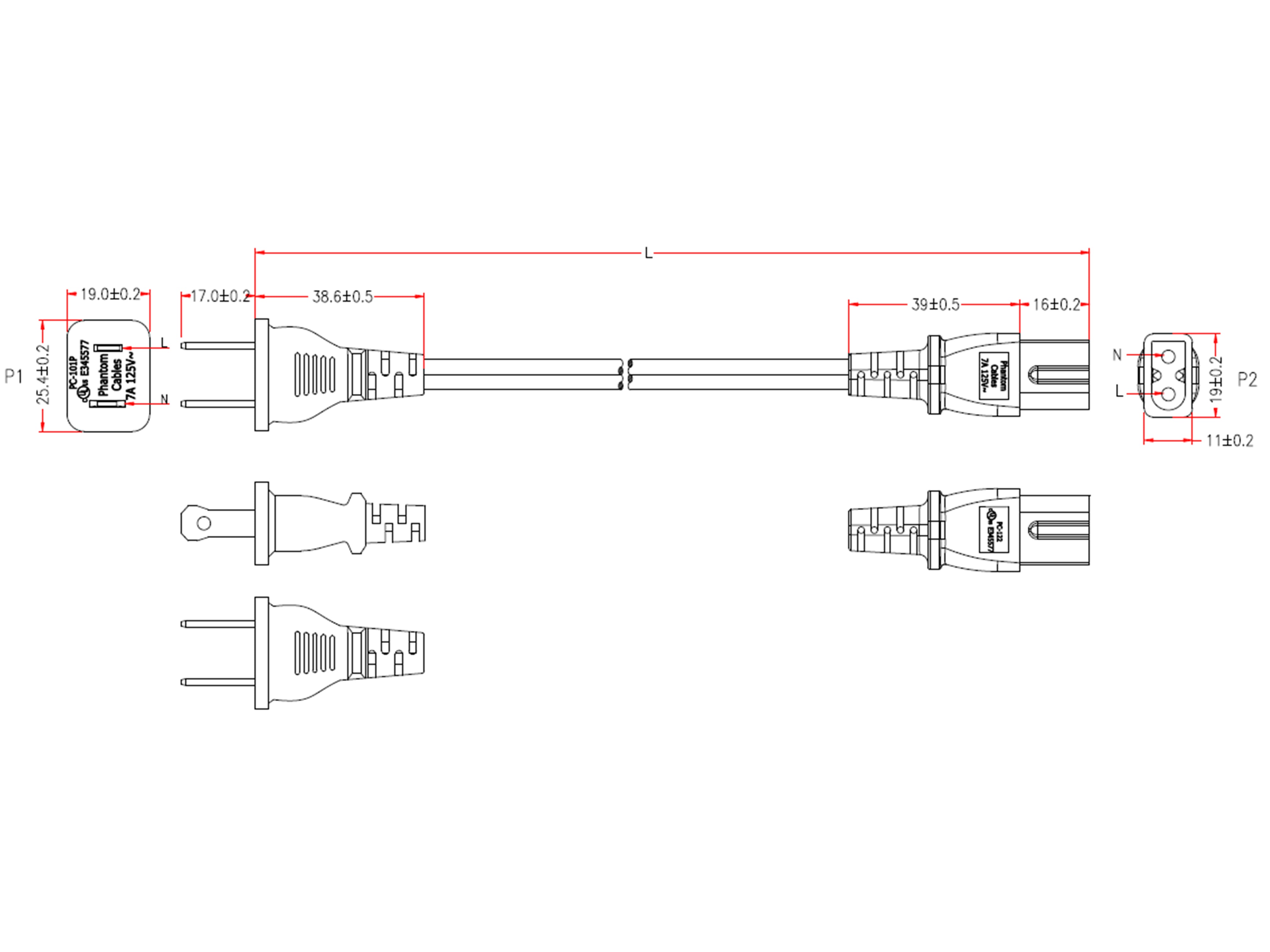 NEMA 1-15P to IEC C7 Polarized Power Cable - 18AWG  - SPT-2