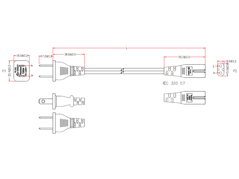 NEMA 1-15P to IEC C7 Power Cable - SPT-2