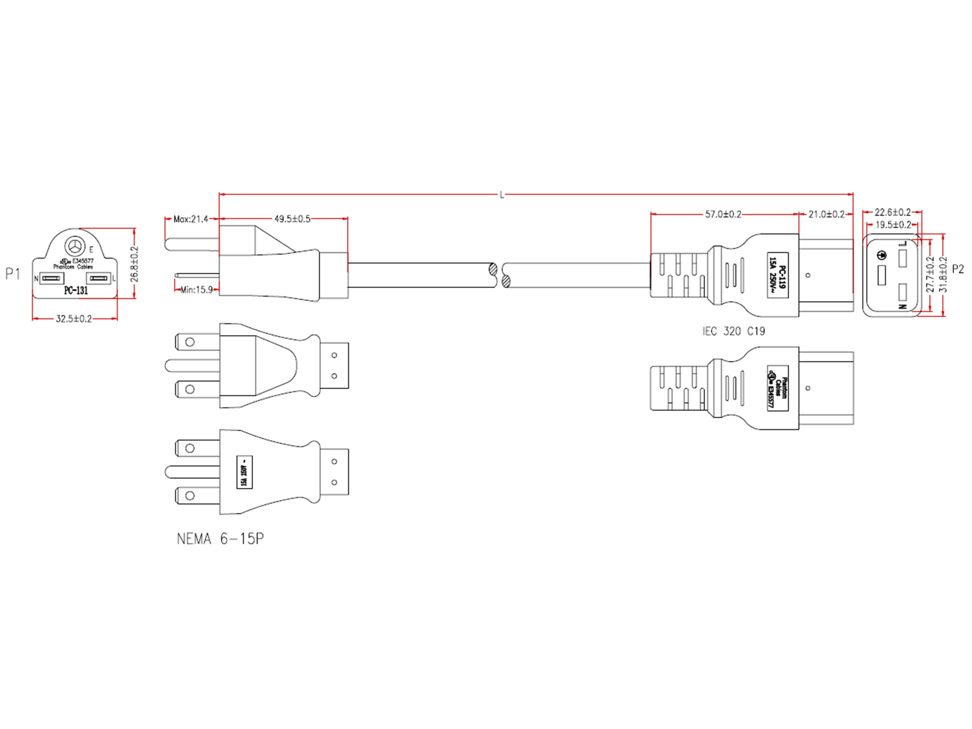 6-15P to C19 Power Cable - SJT Jacket