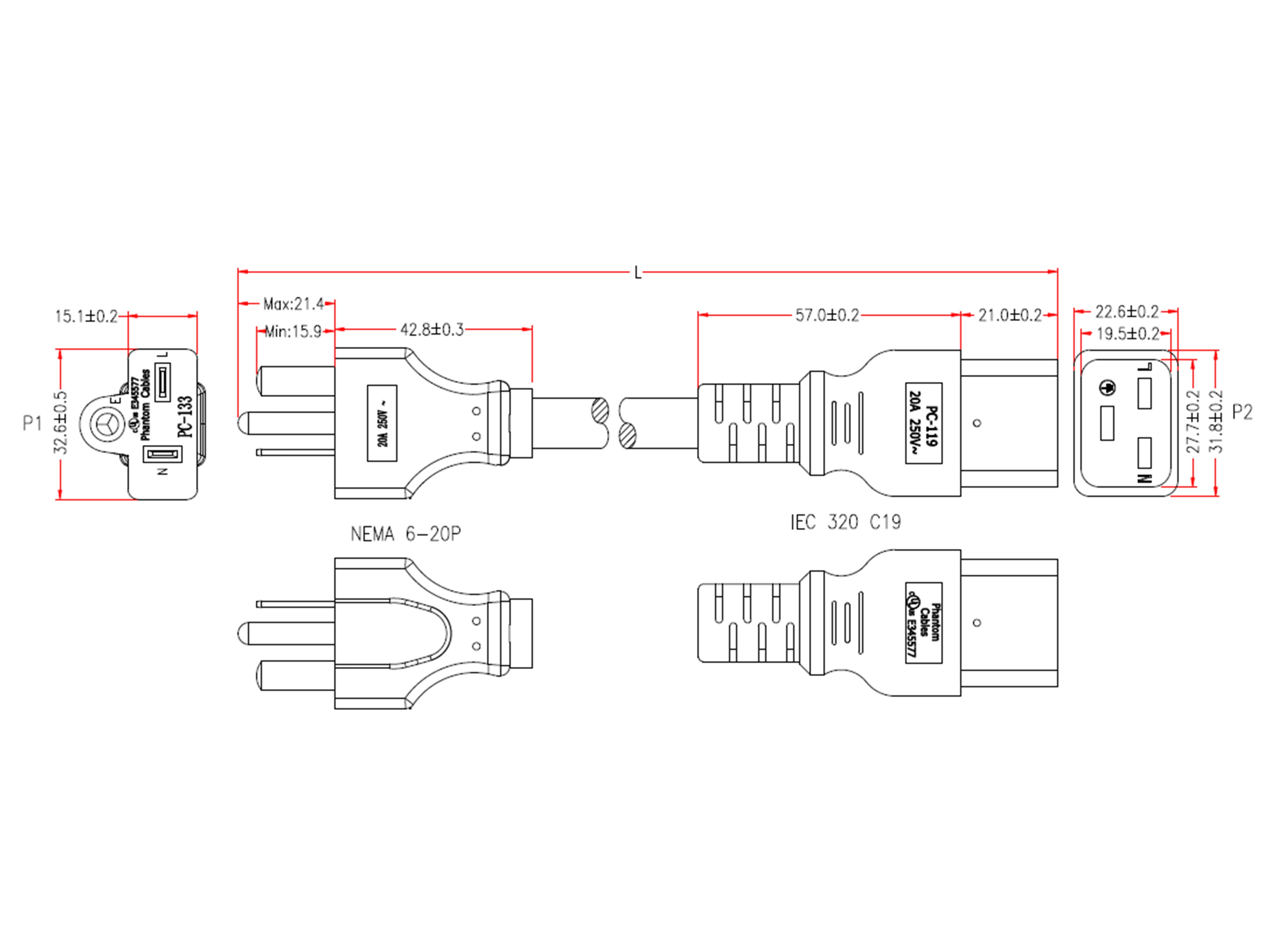 NEMA 6-20P to IEC C13 Power Cable - SJT Jacket