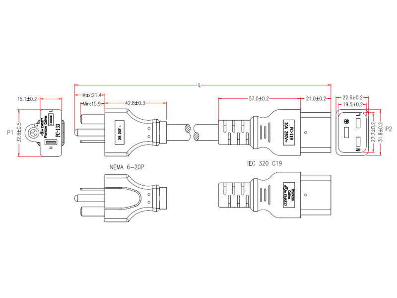 NEMA 6-20P to IEC C13 Power Cable - SJT