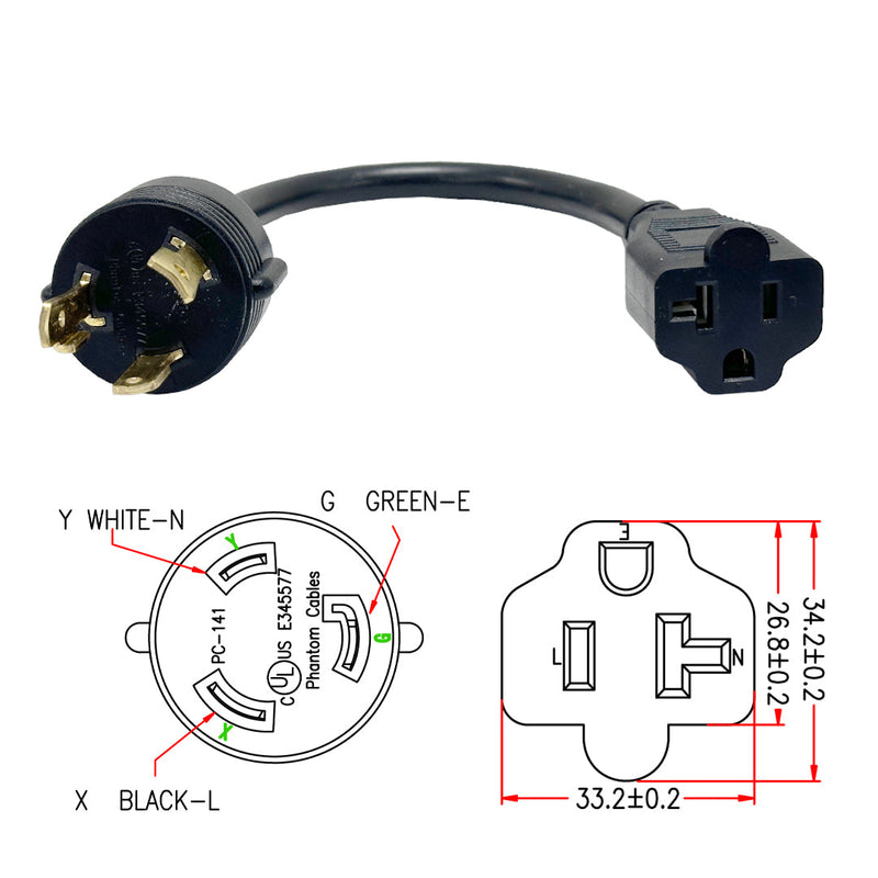 1ft NEMA L5-30P to NEMA 5-20R Power Cable - 12AWG - SJT Jacket (20A 125V)