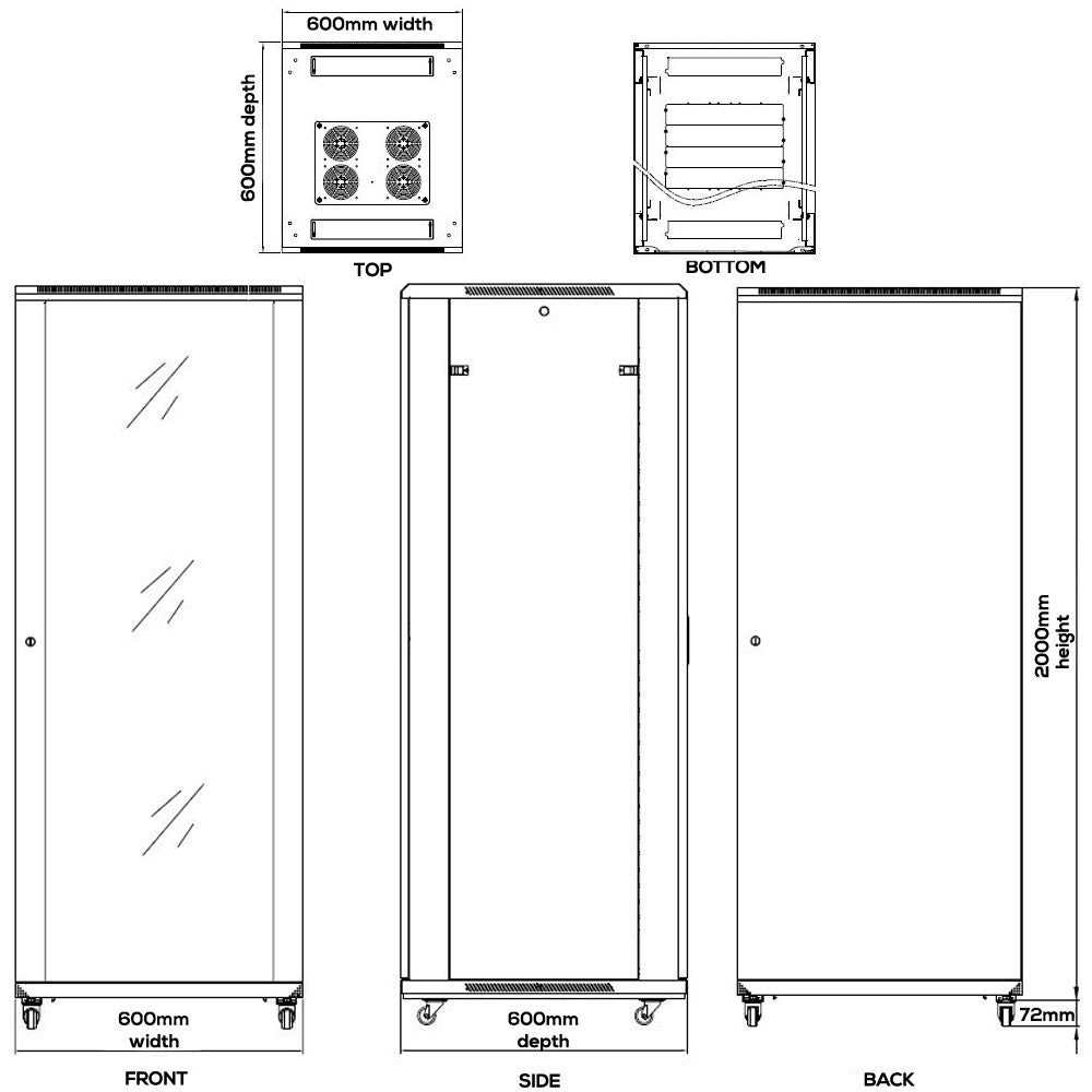 42U A/V and Networking Cabinet - Pre-Loaded with Fan Top, 9 Shelves & Blank Panels - Tapped Rails - Black