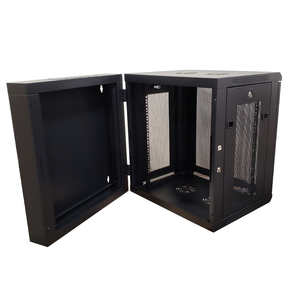 Wall Mount Swing Cabinet 12U x 18.5" Usable Depth - Perforated Doors - Black